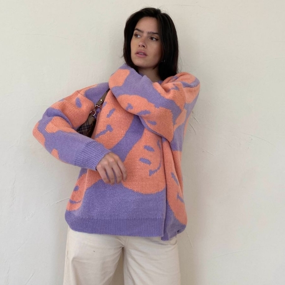💜🧡The Willow🧡💜 SMILEY FACES PULLOVER SWEATER - Picture 5 of 9